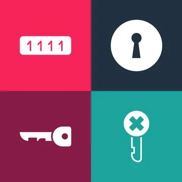 Set pop art Wrong key, Key, Keyhole and Password protection icon. Vector Illustrazione stock