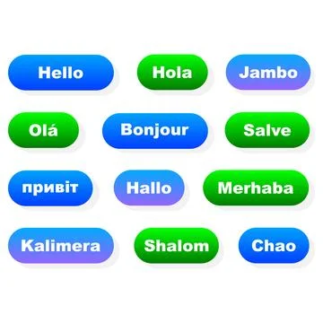 Set of pop-up bubbles with hello in different languages. text inscriptions... Stock Illustration