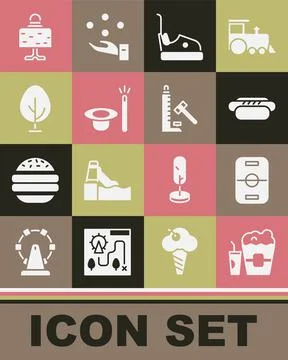 Set Popcorn in box and glass, Hockey table, Hotdog, Bumper car, Magic hat wand Stock Illustration