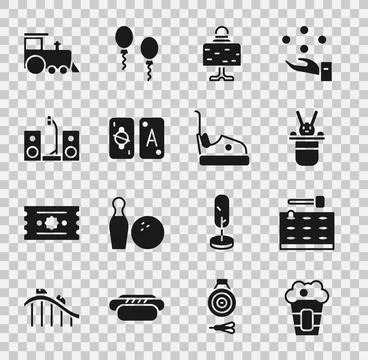 Set Popcorn in box, Arcade game machine, Magician hat and rabbit, ball on t.. Stock Illustration