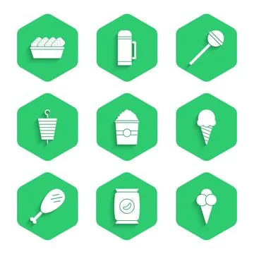 Set Popcorn in box, Bag packet potato chips, Ice cream waffle cone, Chicken leg Stock Illustration