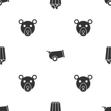 Set Popcorn in box, Cannon and Bear head on seamless pattern. Vector Stock Illustration