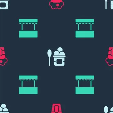 Set Popcorn in box, Ice cream bowl and Ticket office on seamless pattern. Vector Stock Illustration