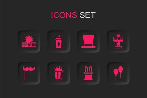 Set Popcorn in cardboard box, Paper glass with water, Roller coaster, Magic.. Stock Illustration