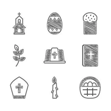 Set Pope hat, Burning candle, Basket with easter eggs, Holy bible book, Wil.. Stock Illustration