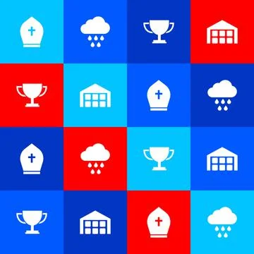Set Pope hat, Cloud with rain, Trophy cup and Warehouse icon. Vector Stock Illustration