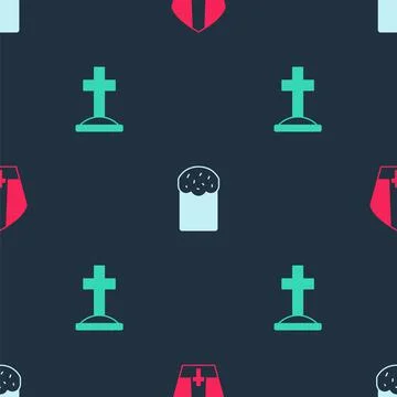 Set Pope hat, Easter cake and Grave with cross on seamless pattern. Vector 스톡 일러스트