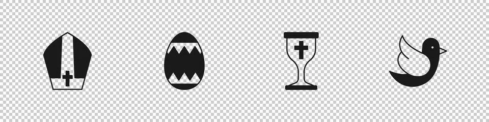 Set Pope hat, Easter egg, Christian chalice and Dove icon. Vector Illustrazione stock