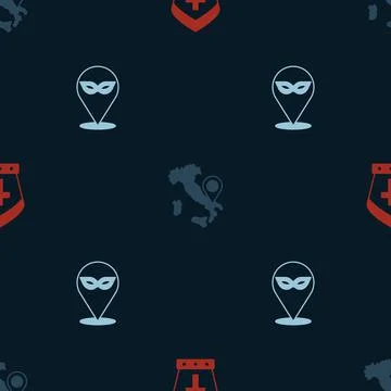 Set Pope hat, Map of Italy and Carnival mask on seamless pattern. Vector Stock Illustration
