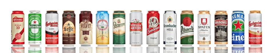 Set of popular european beer in cans on white background. Beer in cans. 21.06 Stock Photos