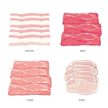 Set of Pork and beef raw slice and meat steaks Vector Stock Illustration