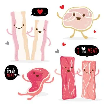 Set of Pork and beef raw slice and meat steaks, Cartoon Character vector Stock Illustration