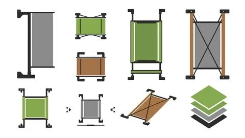 Set of portable folding camping cot icons for outdoor recreation. Stock Illustration