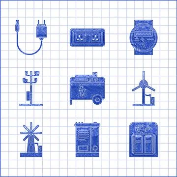 Set Portable power electric generator, Car battery, Battery in pack, Wind Stock Illustration