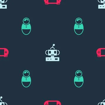Set Portable video game console, Robot toy and Tumbler doll on seamless pattern 스톡 일러스트