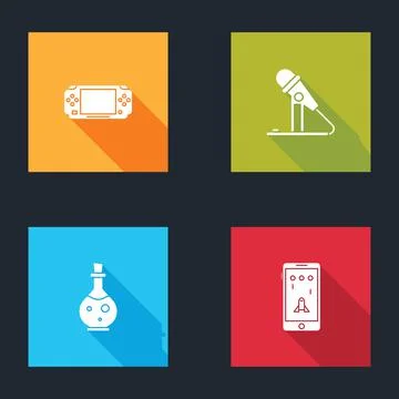 Set Portable video game console, Microphone, Bottle with magic elixir and Mobile Illustrazione stock