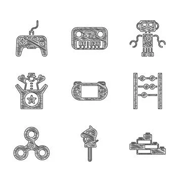 Set Portable video game console Toy horse building block bricks Abacus Fidget Ilustración de archivo