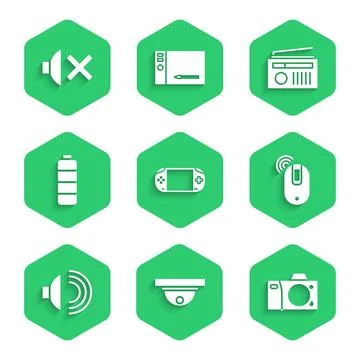Set Portable video game console, Motion sensor, Photo camera, Wireless computer Stock Illustration