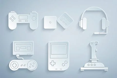 Set Portable video game console, Headphones, Game with joystick, Joystick for Stock Illustration