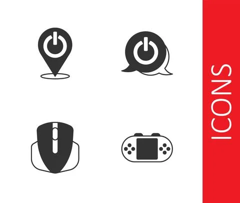 Set Portable video game console, Power button, Computer mouse and icon. Vector Illustrazione stock