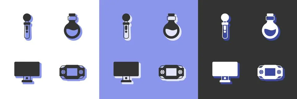 Set Portable video game console, VR controller, Computer monitor and Bottle with 스톡 일러스트