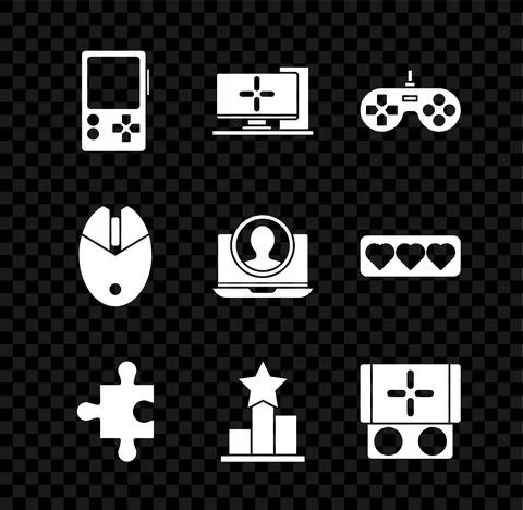 Set Portable video game console, Computer monitor, Gamepad, Piece of puzzle Illustrazione stock