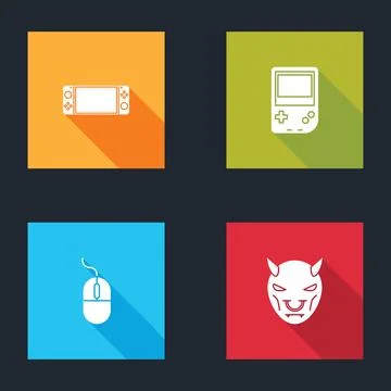 Set Portable video game console, , Computer mouse and Mask of the devil with Stock Illustration