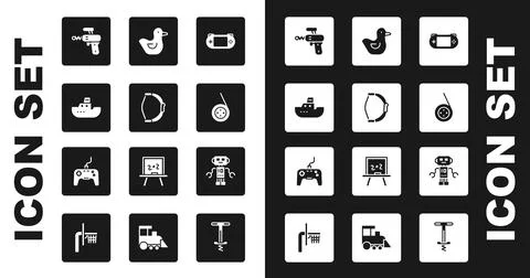 Set Portable video game console, Bow toy, Toy boat, Ray gun, Yoyo, Rubber duck Stock Illustration