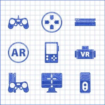 Set Portable video game console, Computer monitor, Virtual reality glasses, Game Illustrazione stock