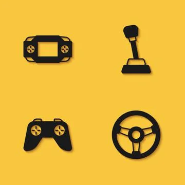 Set Portable video game console, Racing simulator, Game controller joystick and 库存插图