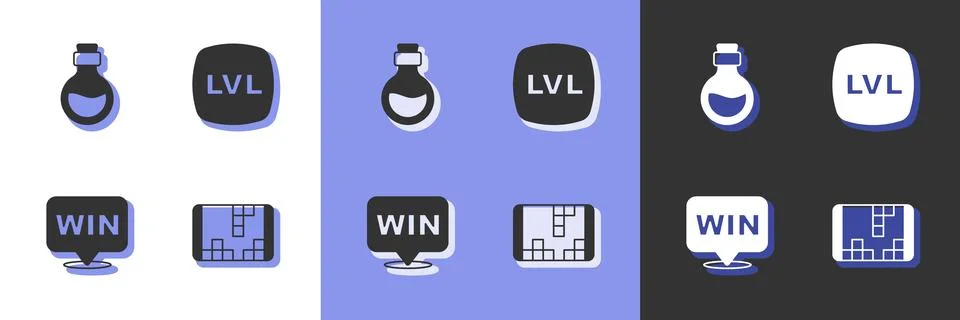 Set Portable video game console, Bottle with magic elixir, Medal and Level icon Stock Illustration
