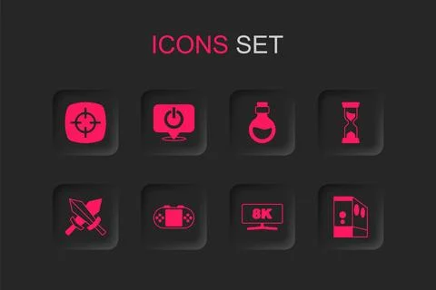 Set Portable video game console, Power button, Target sport, Computer monit.. Illustrazione stock