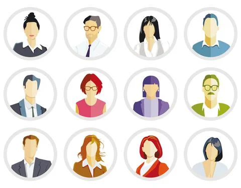 Set of portrait faces and people, illustration Stock Illustration