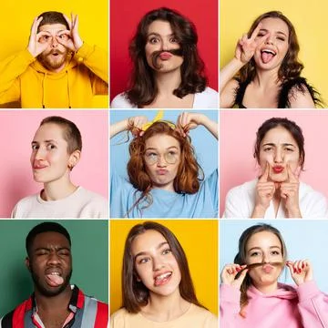 Set with portraits of different multiethnic models on multicolored background Stock Photos