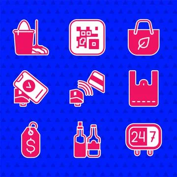 Set POS terminal with credit card, Whiskey bottle, Clock 24 hours, Paper Stock Illustration