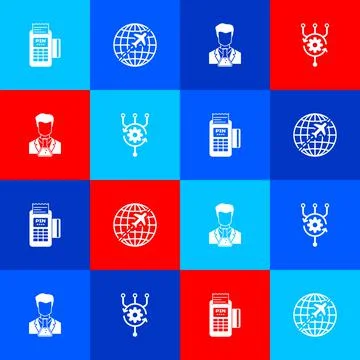 Set POS terminal, Globe with flying plane, Scientist and test tube and Algorithm Stockillustratie