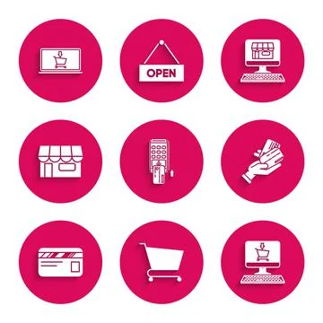 Set Pos terminal with inserted credit card, Shopping cart, on screen computer Illustrazione stock