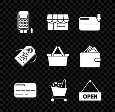 Set Pos terminal with inserted credit card, Shopping building or market sto.. Ilustración de archivo