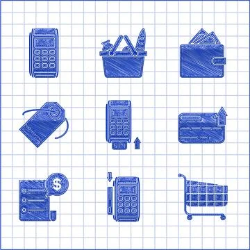 Set Pos terminal with inserted credit card, Shopping cart, Credit, Paper ch.. Stock Illustration