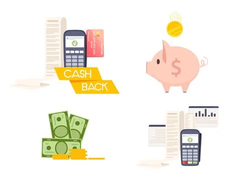 Set of POS terminal payment machine with paper bill check and piggy bank approve Stock Illustration