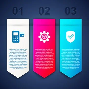 Set Pos terminal, Product development and Shield with check mark. Business in Stock Illustration
