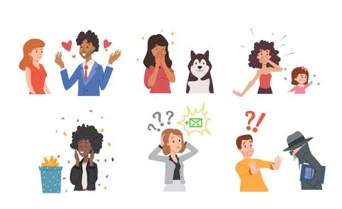 Set of positive and negative surprised people flat style, vector illustration Stock Illustration