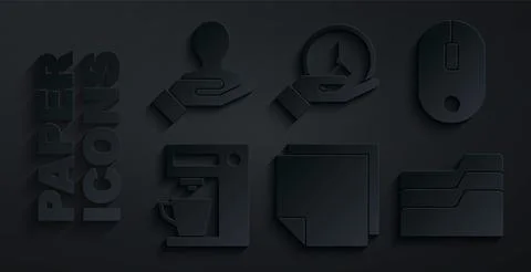 Set Post note stickers, Computer mouse, Coffee machine, Document folder, Clock Stock Illustration