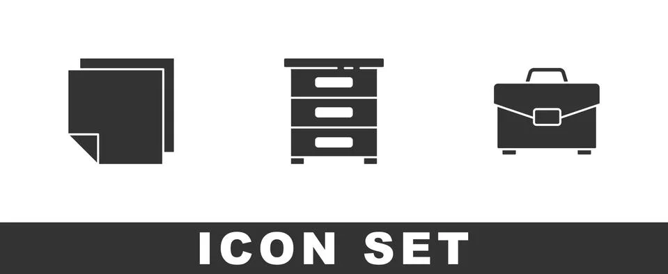 Set Post note stickers, Drawer with documents and Briefcase icon. Vector 库存插图
