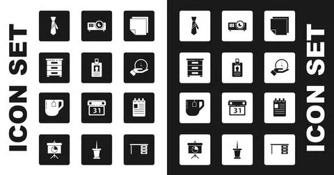 Set Post note stickers, Identification badge, Drawer with documents, Tie, Clock Stock Illustration
