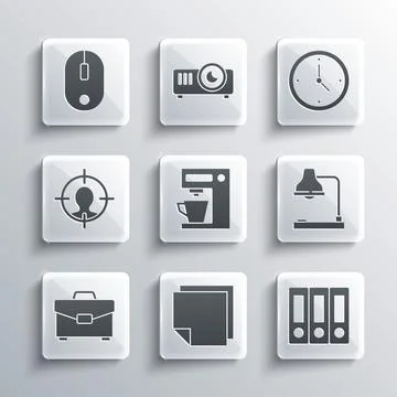 Set Post note stickers, Office folders, Table lamp, Coffee machine, Briefcase Stock Illustration