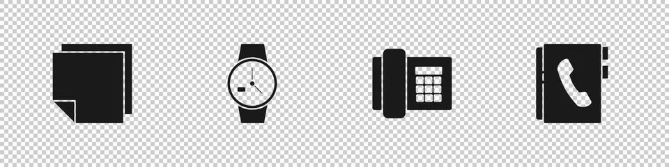 Set Post note stickers, Wrist watch, Telephone and Address book icon. Vector 库存插图