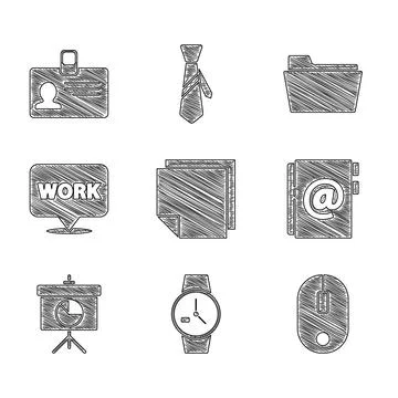 Set Post note stickers, Wrist watch, Computer mouse, Address book, Chalkboard Stock-Illustration