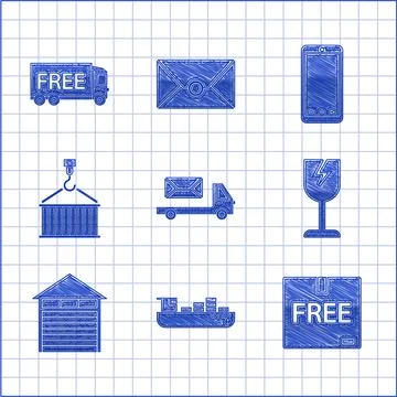 Set Post truck, Cargo ship with boxes delivery service, Cardboard free symbol Stock-Illustration