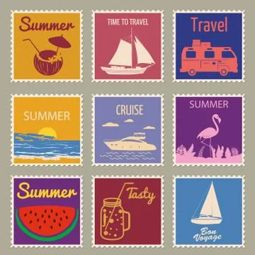 Set Postage stamp summer vacation Sunset Watermelon Jar Yacht Van Sailboat Stock Illustration
